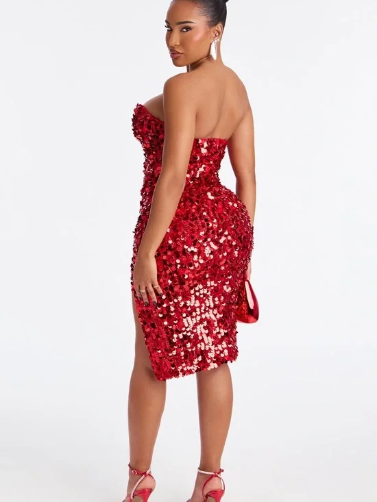 Fashion Nova Red Strapless Sequin Plunge Dress - Picture 3 of 7
